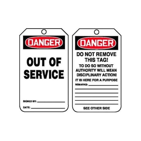 Accuform Safety Tags, DANGER OUT OF SERVICE, 8.5inx 3.875in, PF-Cardstock, 25PK MDT277CTP